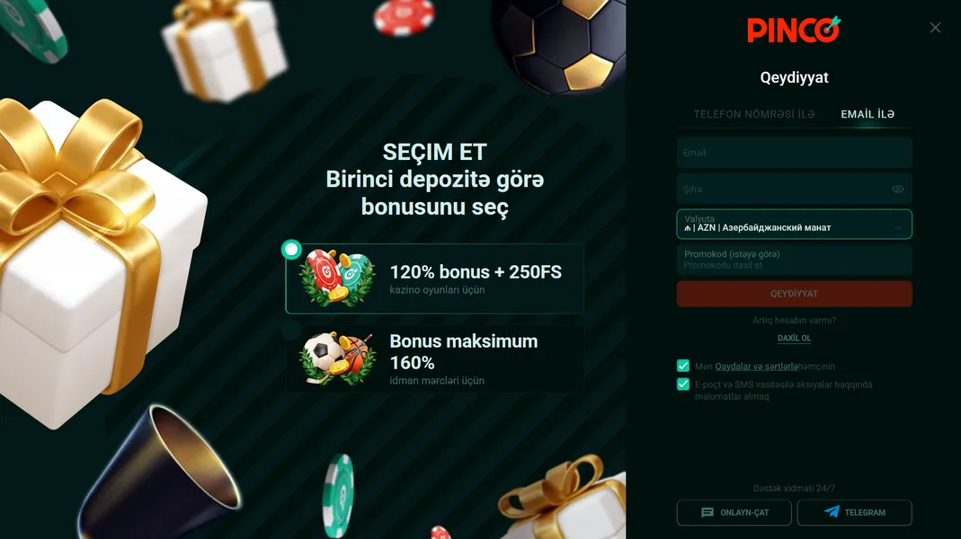 Qeydiyyat və Pinco casino giriş